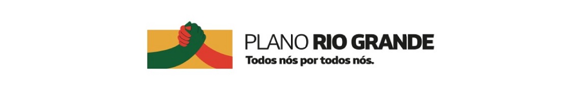 Imagem banner com fundo branco e com desenho quadrado, na cor laranja, em que duas mãos se cumprimentam, uma mão na cor verde e outra mão na cor vermelha. Está escrito ao lado Plano Rio Grande, Todos nós por todos nós.